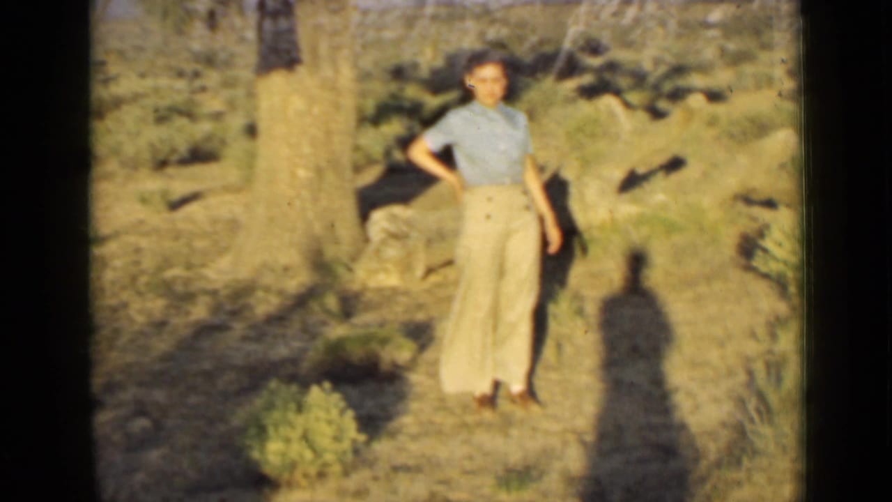 Woman standing beside a large desert tree in bright sunlight.