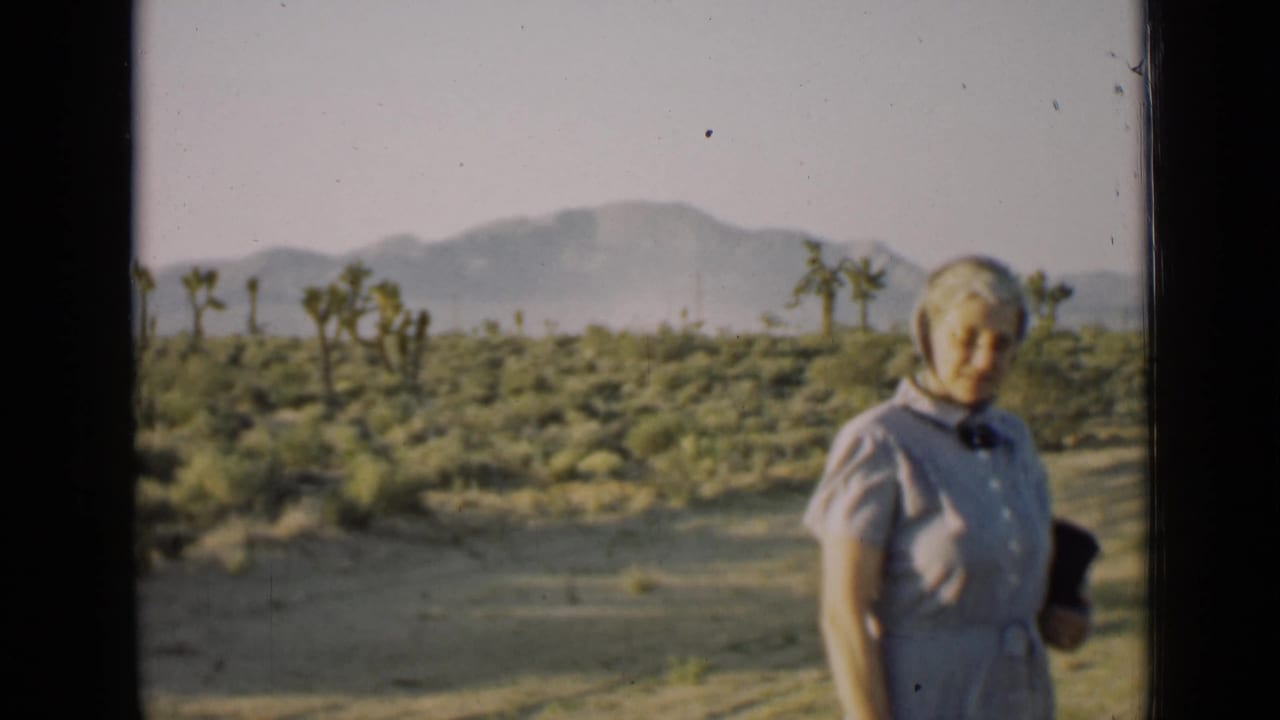 Older woman holding a dark hat near desert scrub and distant mountains.