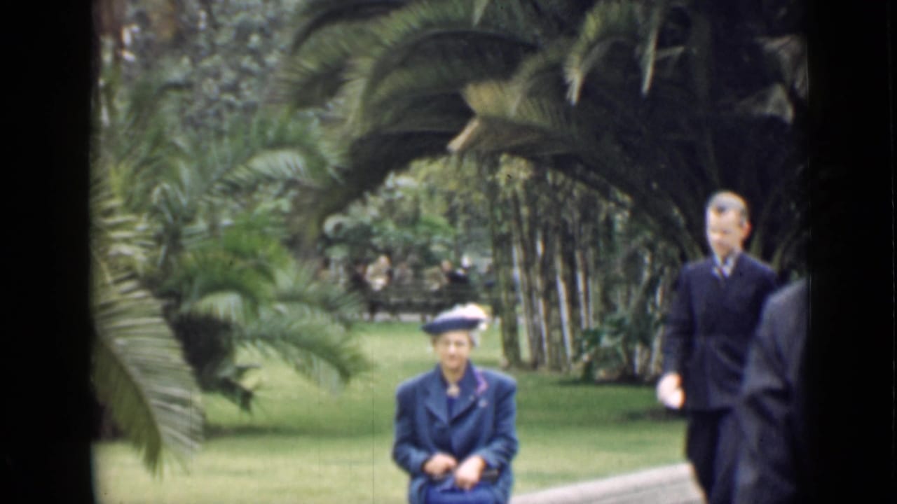 Seated woman in blue as a man in a dark suit enters at the right edge of the garden frame.
