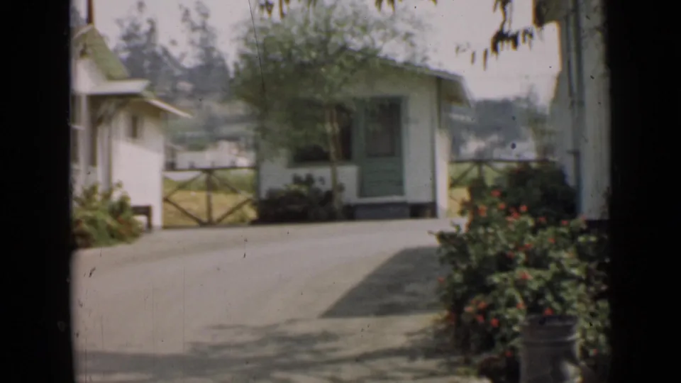 1939 Arizona exterior showing a driveway, house porch, shrubs, gate, tree shade, and a small background building or shed.
