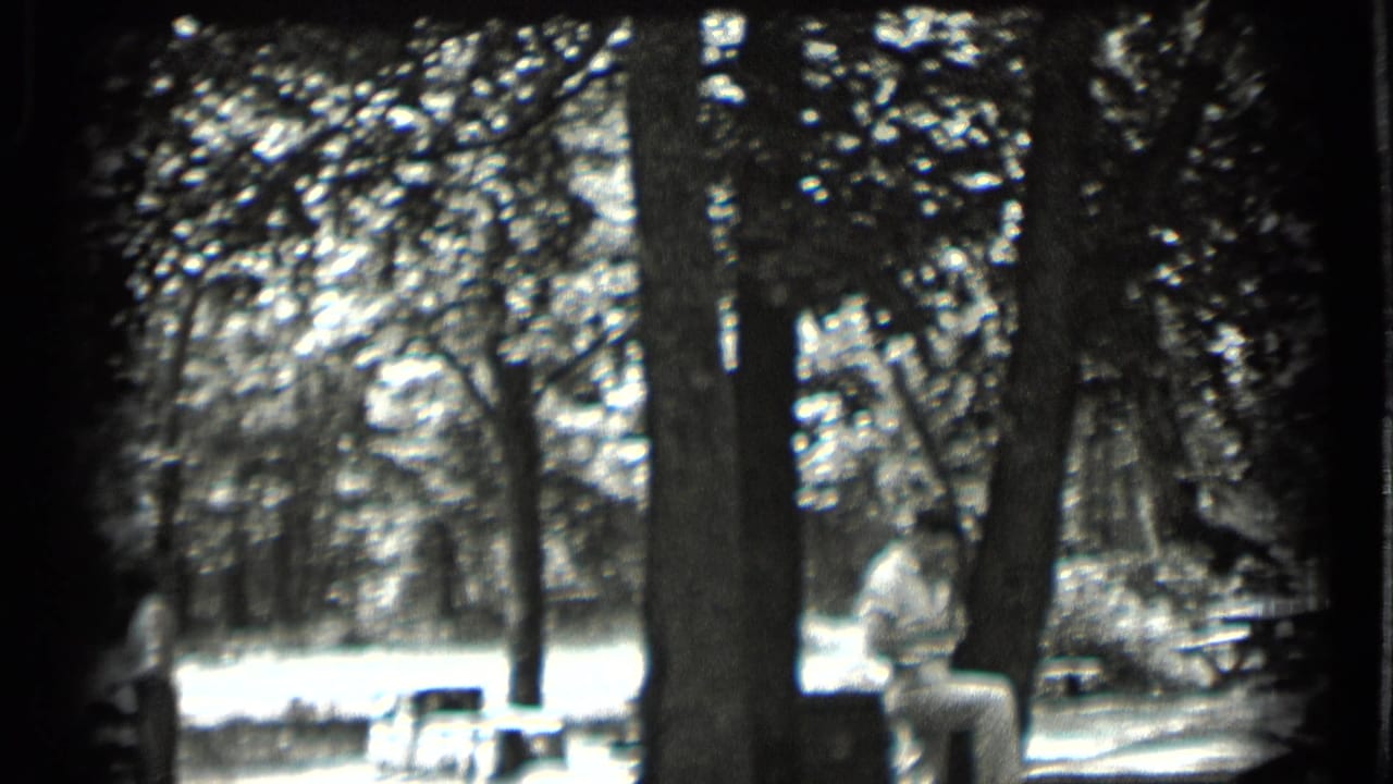 A seated adult appears beside a picnic table in a wooded clearing.