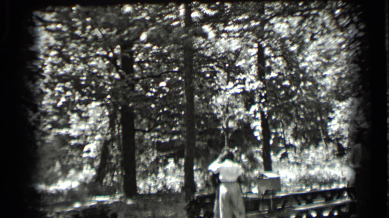 Adult in a light shirt stands beside a picnic table under trees.
