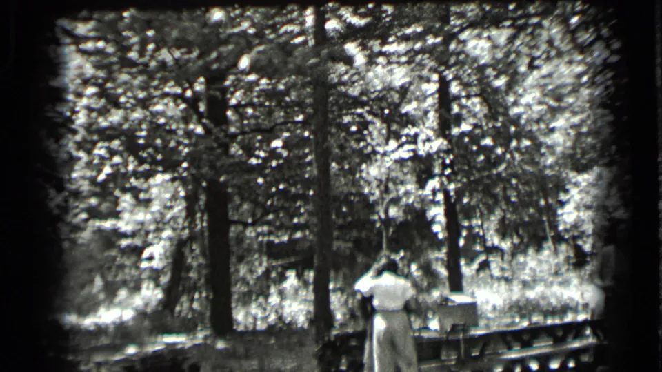 1939 Clear Lake frame with an adult facing a picnic table in a shaded wooded recreation area.
