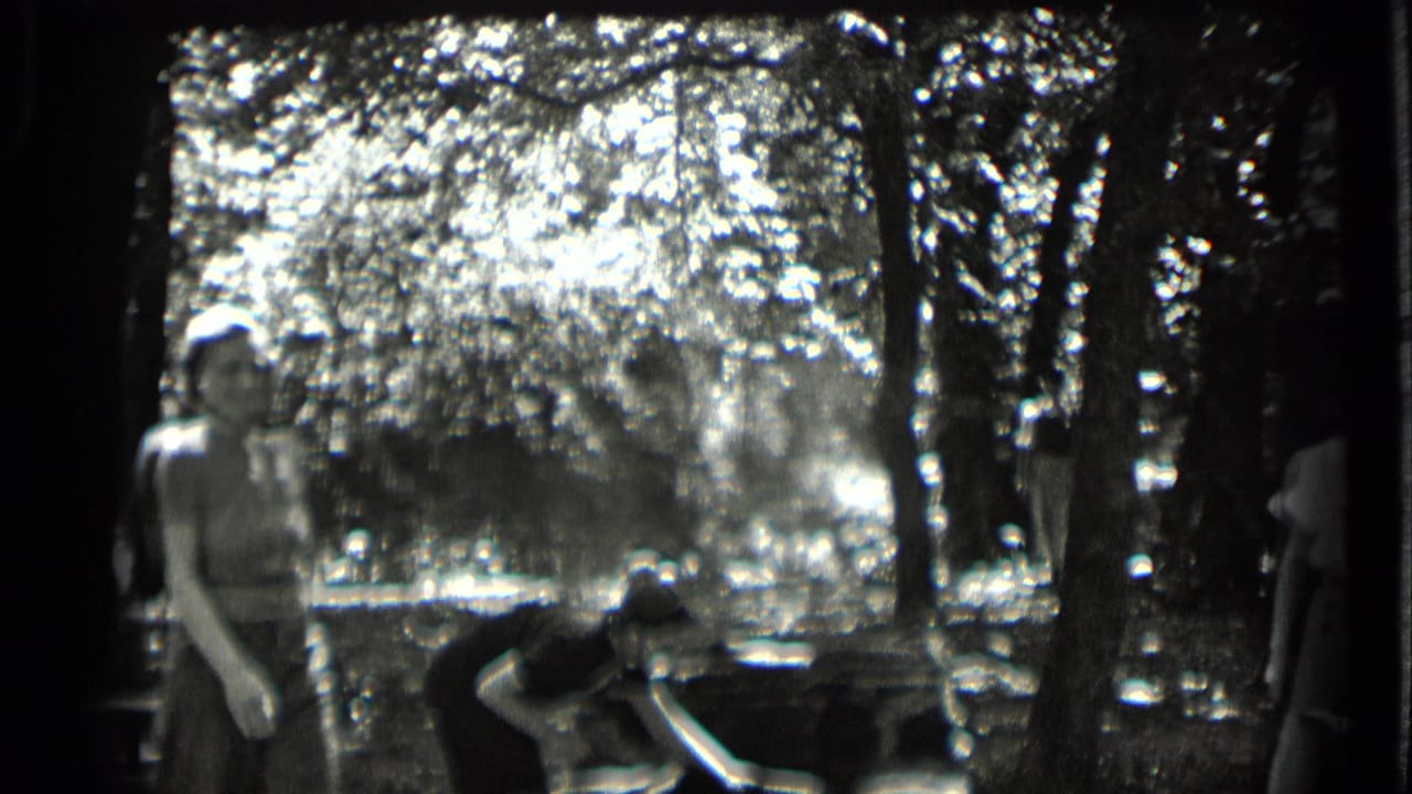Several young people stand and bend near picnic tables under trees by water.