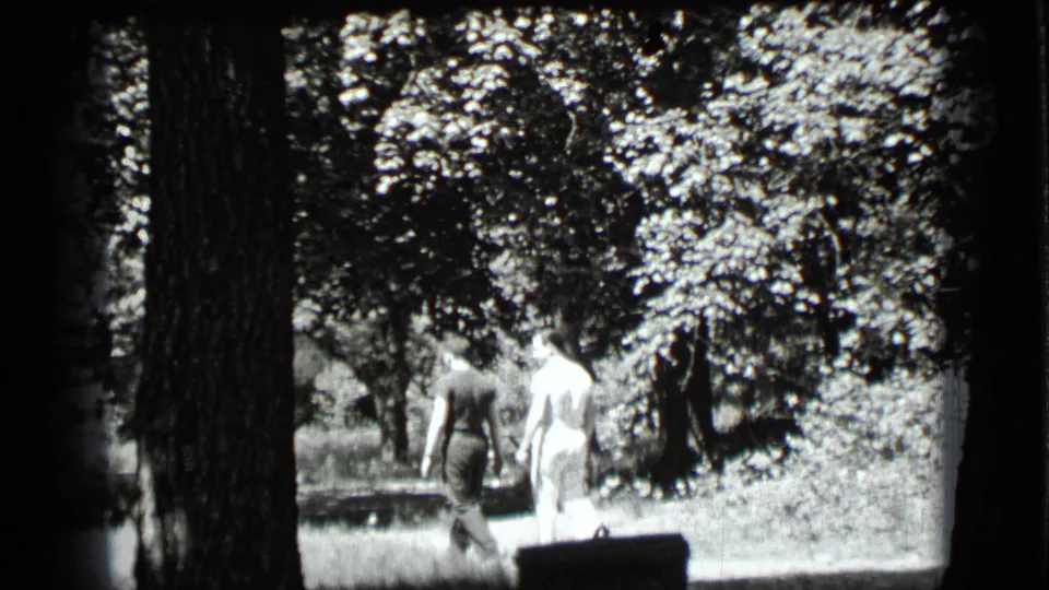 Two adults walk away from the camera in a 1939 Clear Lake wooded setting, framed by large trunks and bright foliage.