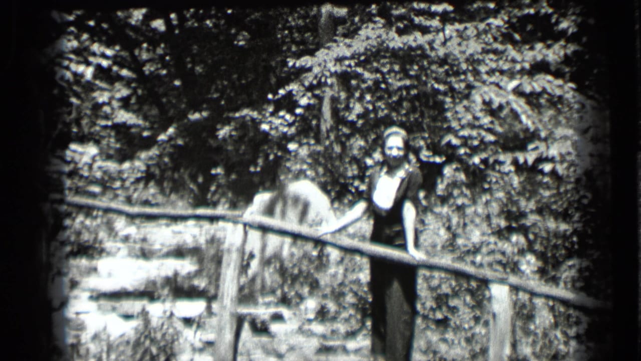 Woman in a dark dress stands on a stone path beside a wooden railing in dense woods.