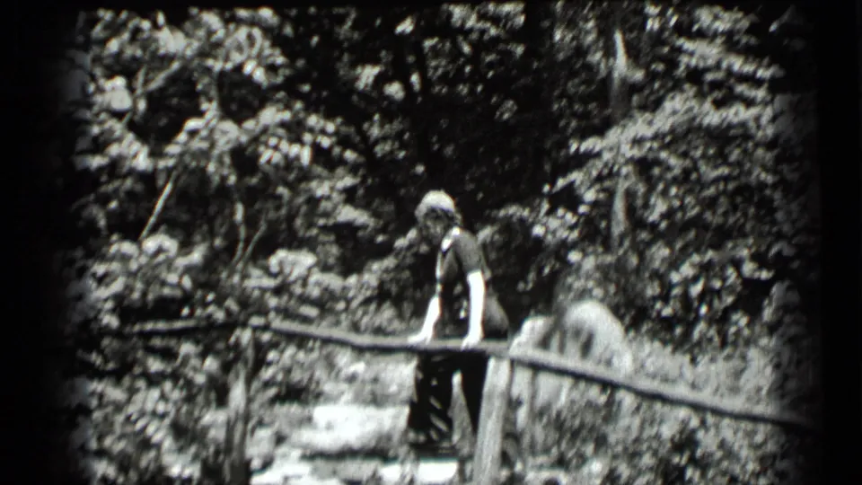 In the 1939 Clear Lake footage, the woman climbs the stone path while holding the wooden railing amid dense foliage.