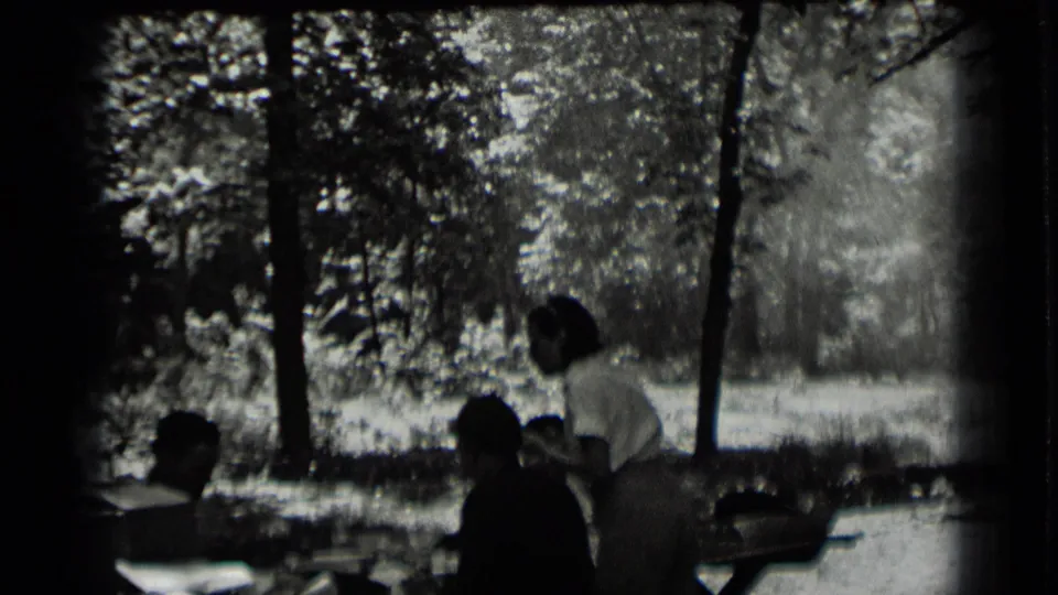 A woman in a dress stands near seated adults at a park table, with trees and bright sun patches behind them.