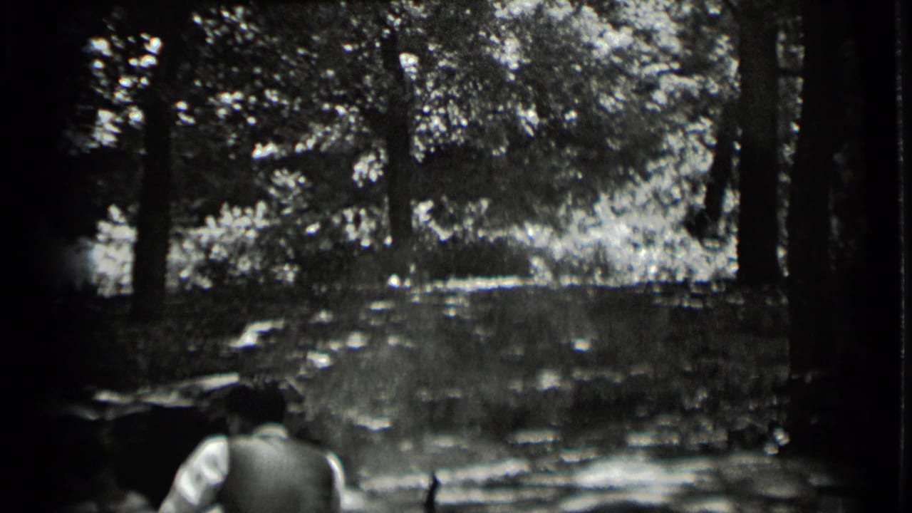 Man in a light vest sits near a wooded picnic area with a table partly visible.