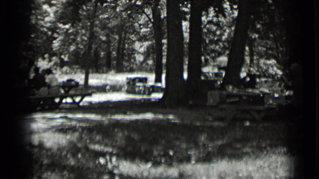 Clear Lake campground footage shows seated people near picnic tables under tall trees in 1939 home-movie frames.