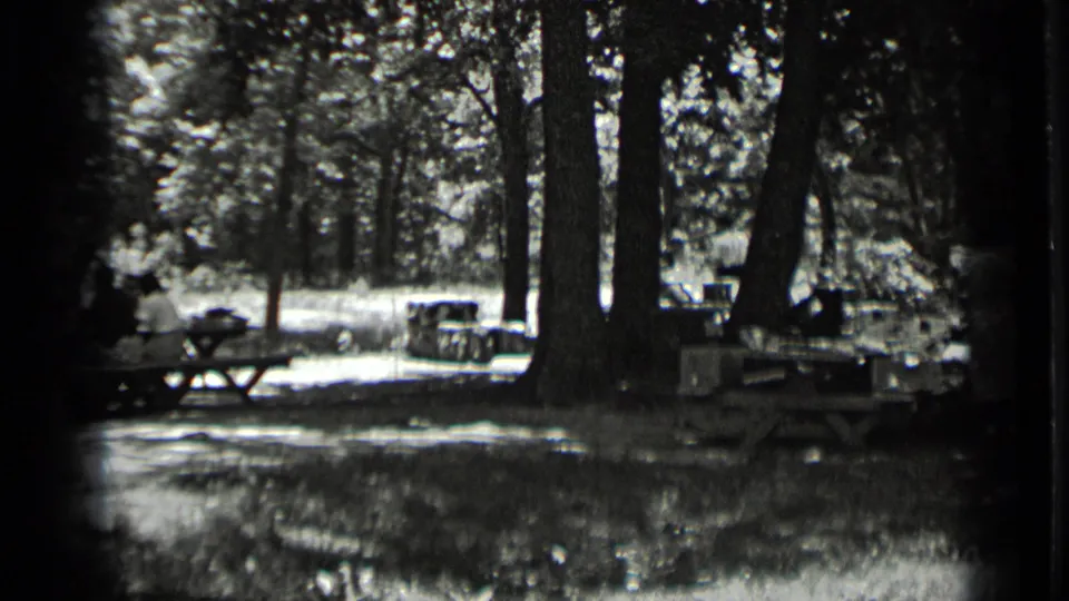 Wide 1939 Clear Lake campsite view with picnic tables, tall trees, and seated people partly obscured by shade.
