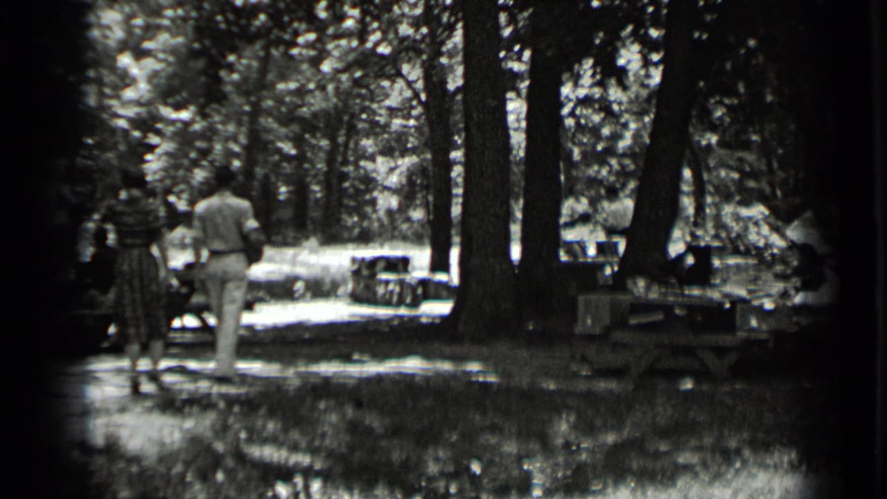 A man in light clothing and a woman in a patterned dress walk through the Clear Lake wooded picnic area in 1939 footage.