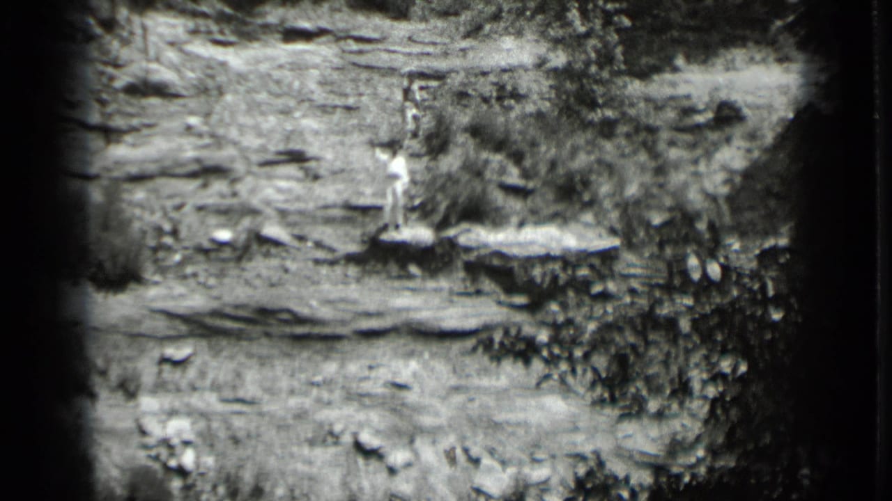 Distant person in light clothing stands on a rocky ledge beside scrub vegetation.