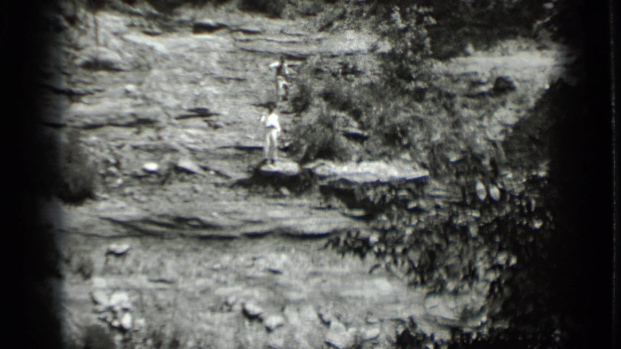Person remains on the rock ledge with one arm raised near bushes and exposed stone.