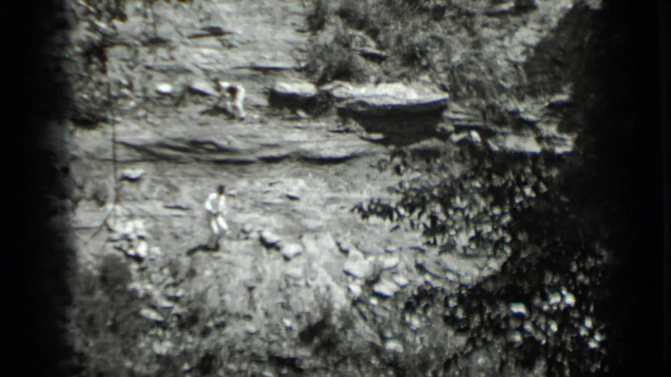The final frame shows one man moving across the lower lakeside area while another stays near a wooden platform at Clear Lake in 1939.