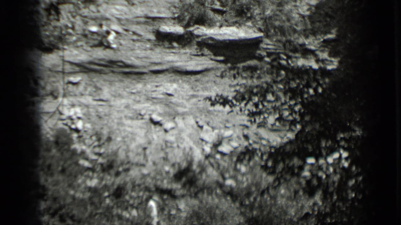 Archival 8mm frame of a steep, brush-lined rocky slope at Clear Lake with a small figure in light clothing partly visible.