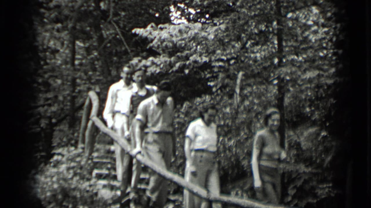 Group of adults descending wooded stairs with a rustic handrail.