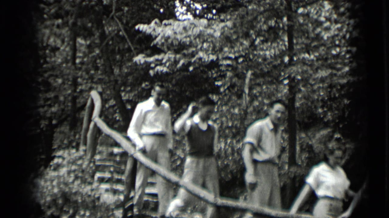 A small group continues down rustic wooded steps in Clear Lake, California, with faces visible in the 1939 footage.