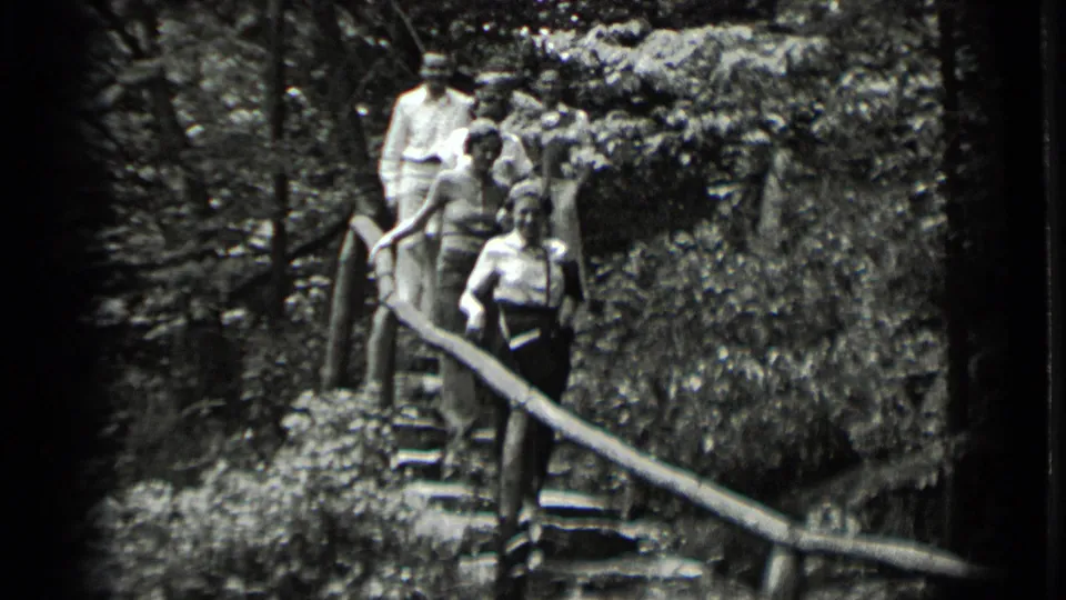 The 1939 Clear Lake home movie shows adults moving down a steep wooded stairway with a branch-like handrail.