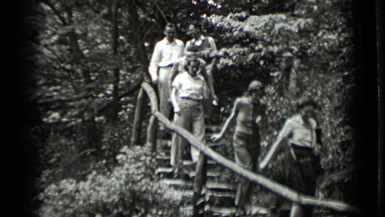 Adults in period casual clothing occupy the wooded stair path at Clear Lake, California, in black-and-white 8mm footage from 1939.