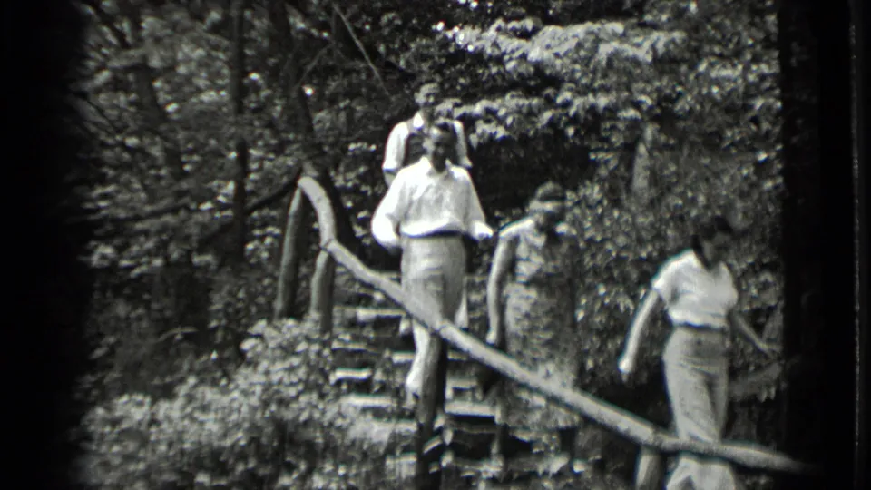 Adults descend the stone stairway near Clear Lake, California, with trees, shrubs, and a rustic rail surrounding the path.