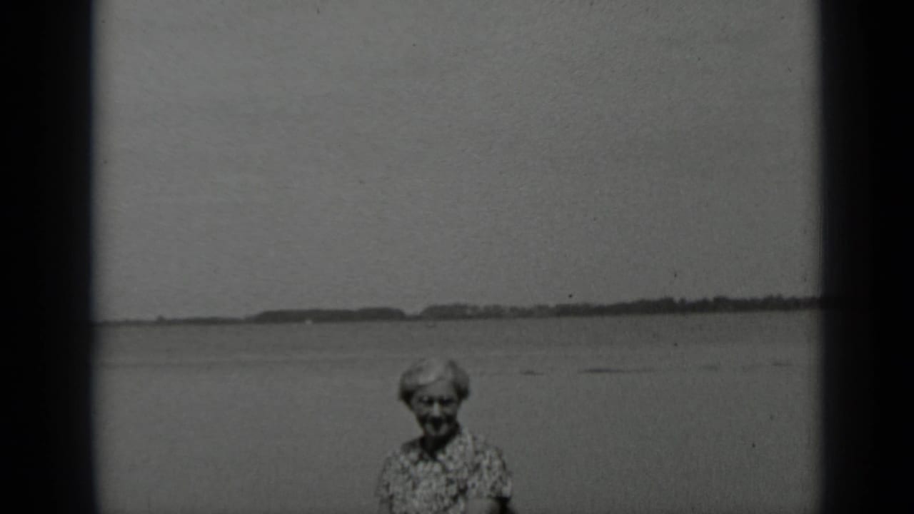 Black-and-white 8mm frame from Clear Lake showing the woman near the shore against a wide water horizon.
