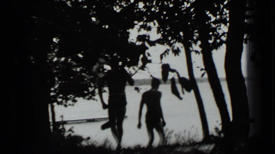 Two people appear as dark silhouettes near the Clear Lake shore, framed by trees with a wooden pier and bright water behind them.