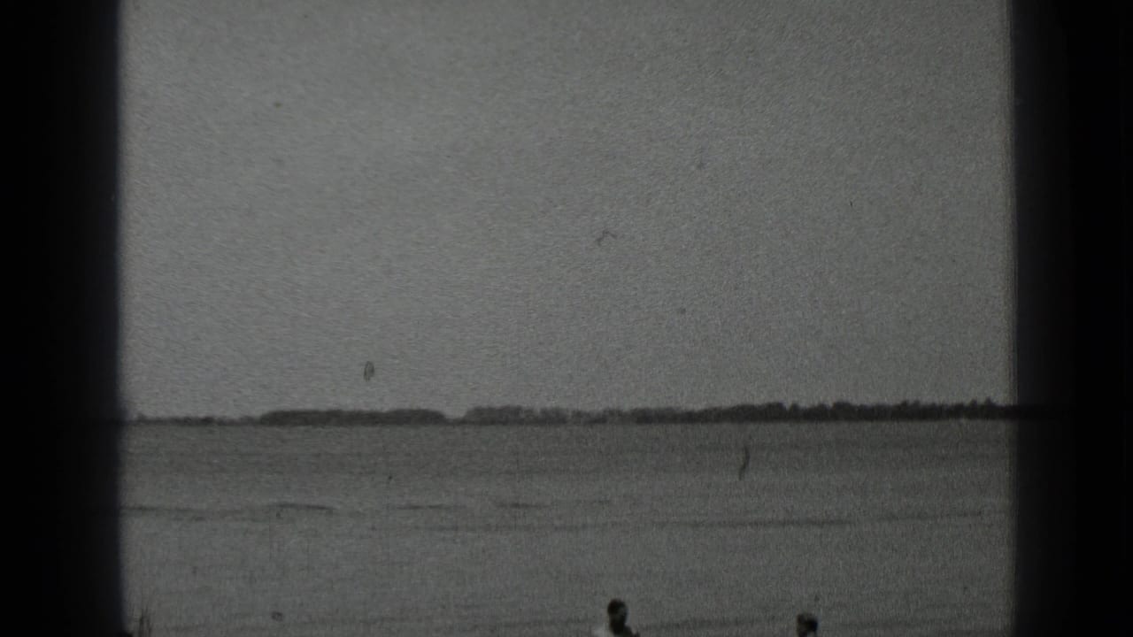 Two distant swimmers in a lake beneath a low shoreline, framed by dark 8mm film borders.