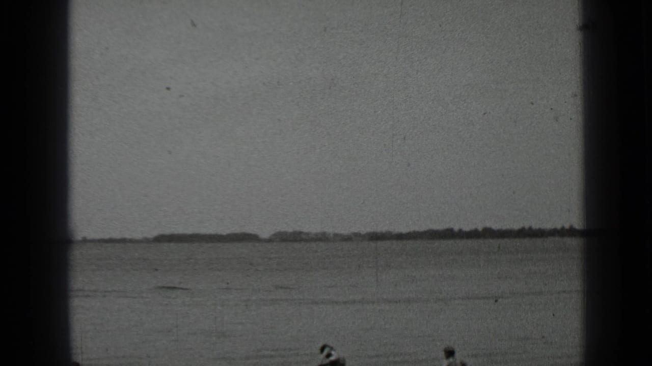 Distant swimmers in open lake water with a low shoreline and dark vertical film borders.