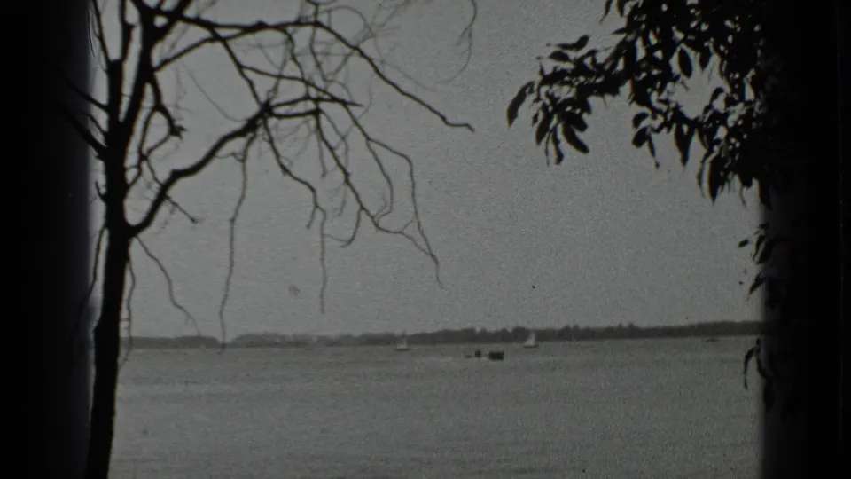A quiet 1939 Clear Lake view shows branches in the foreground, small boats on the water, and a low shoreline in the distance.