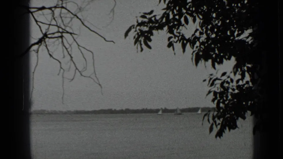 1939 home-movie view of Clear Lake with several small sailboats near the horizon, framed by dark branches and foliage.