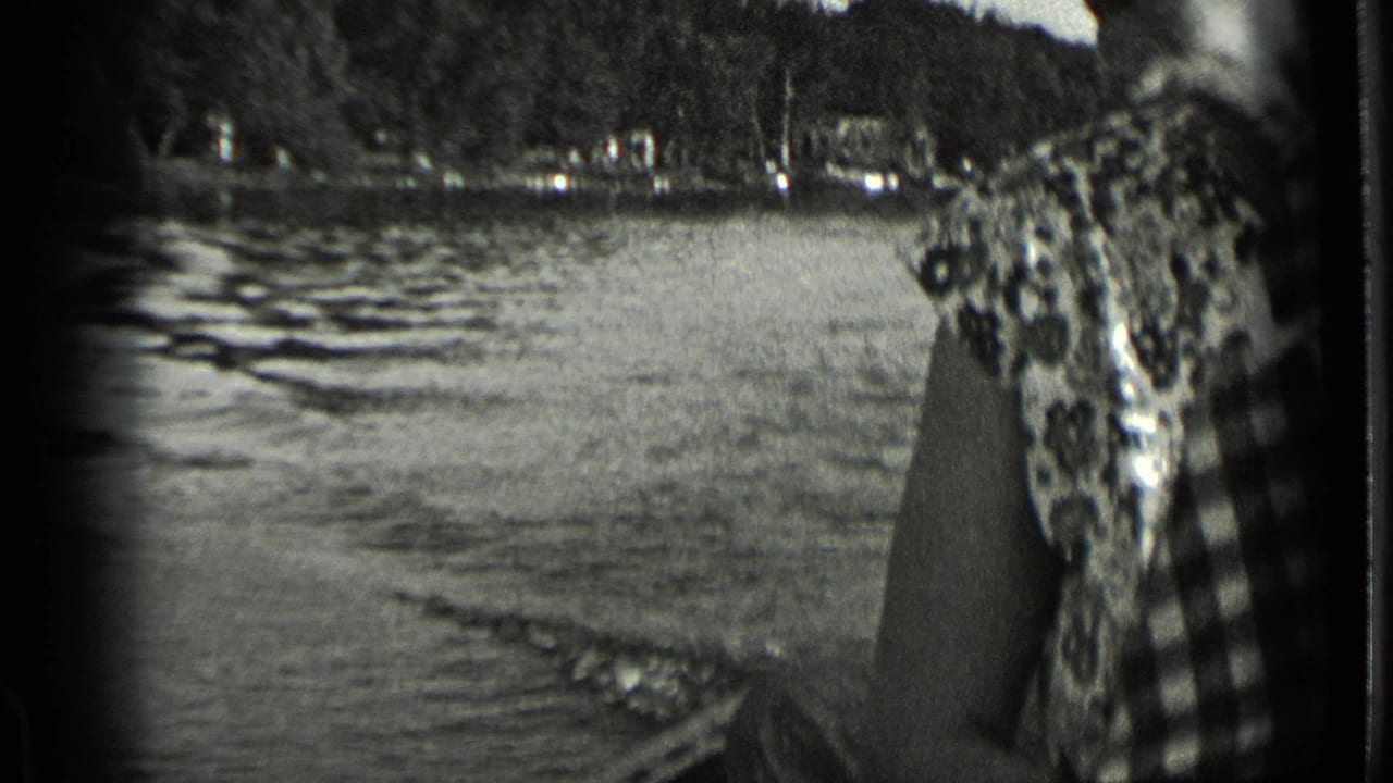 Clear Lake boat-view frame with a passenger partly visible at right, rippled water, and tree-covered shoreline in the distance.