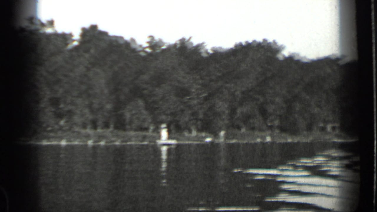Rippling lake water facing a wooded shoreline with faint distant figures.