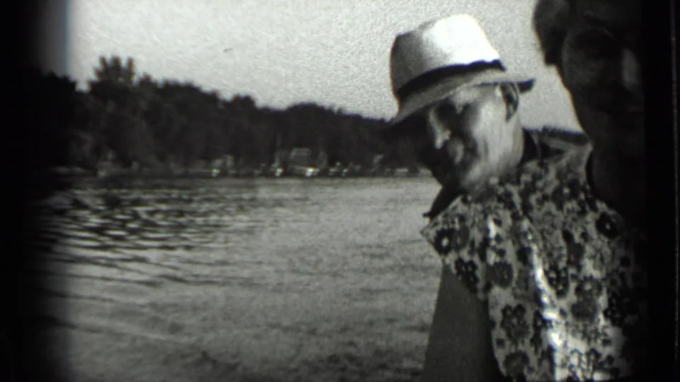 The 1939 Clear Lake footage shows a man in a fedora near the water, with shoreline buildings and a partial face at frame edge.