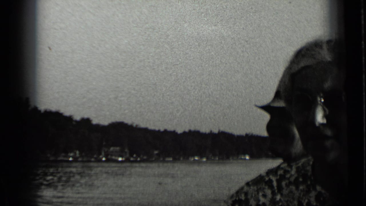 Woman partly in shadow near a lake with wooded shoreline behind her.