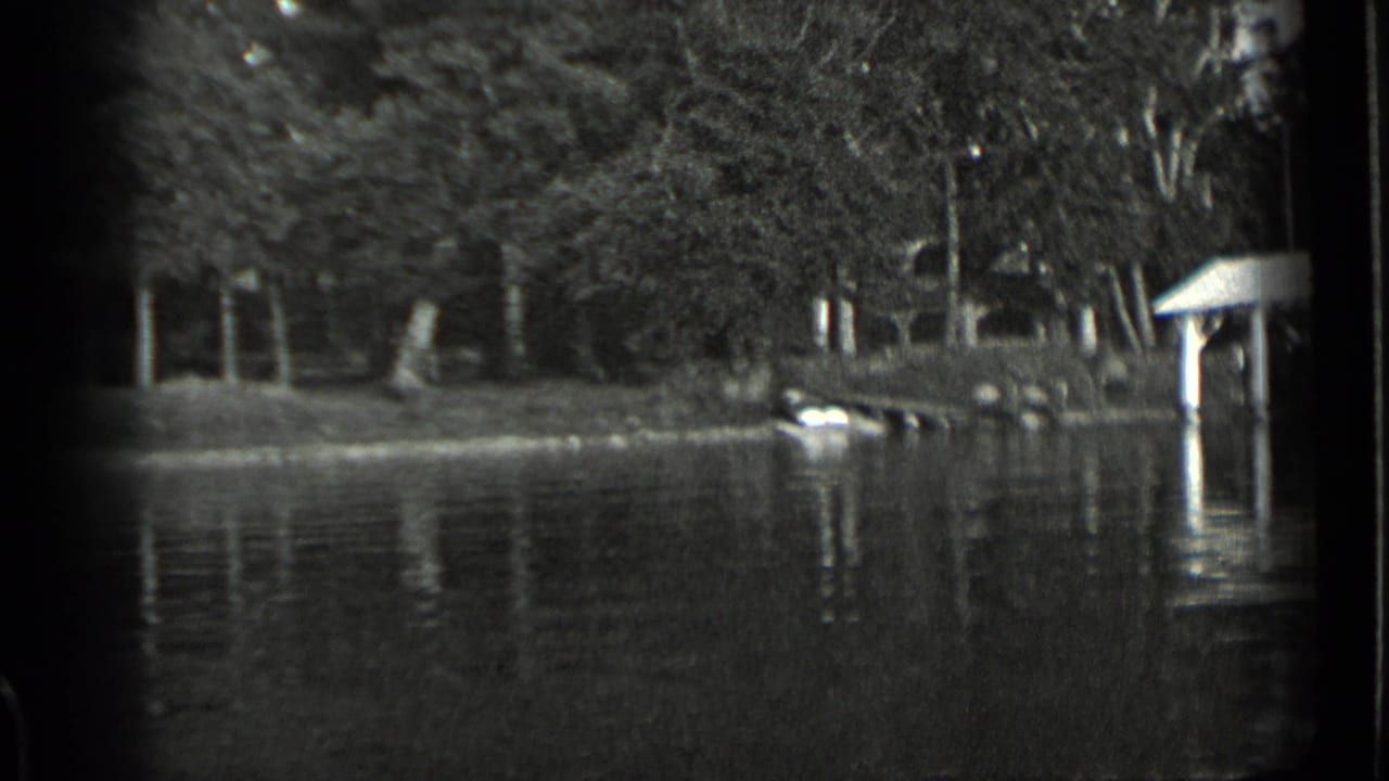 Clear Lake shoreline view with calm high water, trees, submerged dock elements, and a covered structure partly visible at the frame edge.