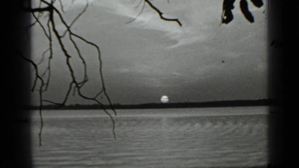 1939 Clear Lake sunset framed by bare branches, with textured water below and a dark distant shoreline.