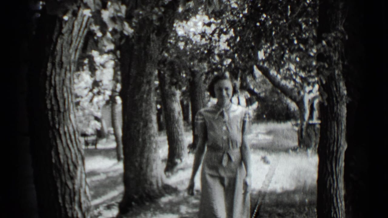 Woman in a light dress walking between trees in a sunlit grove.