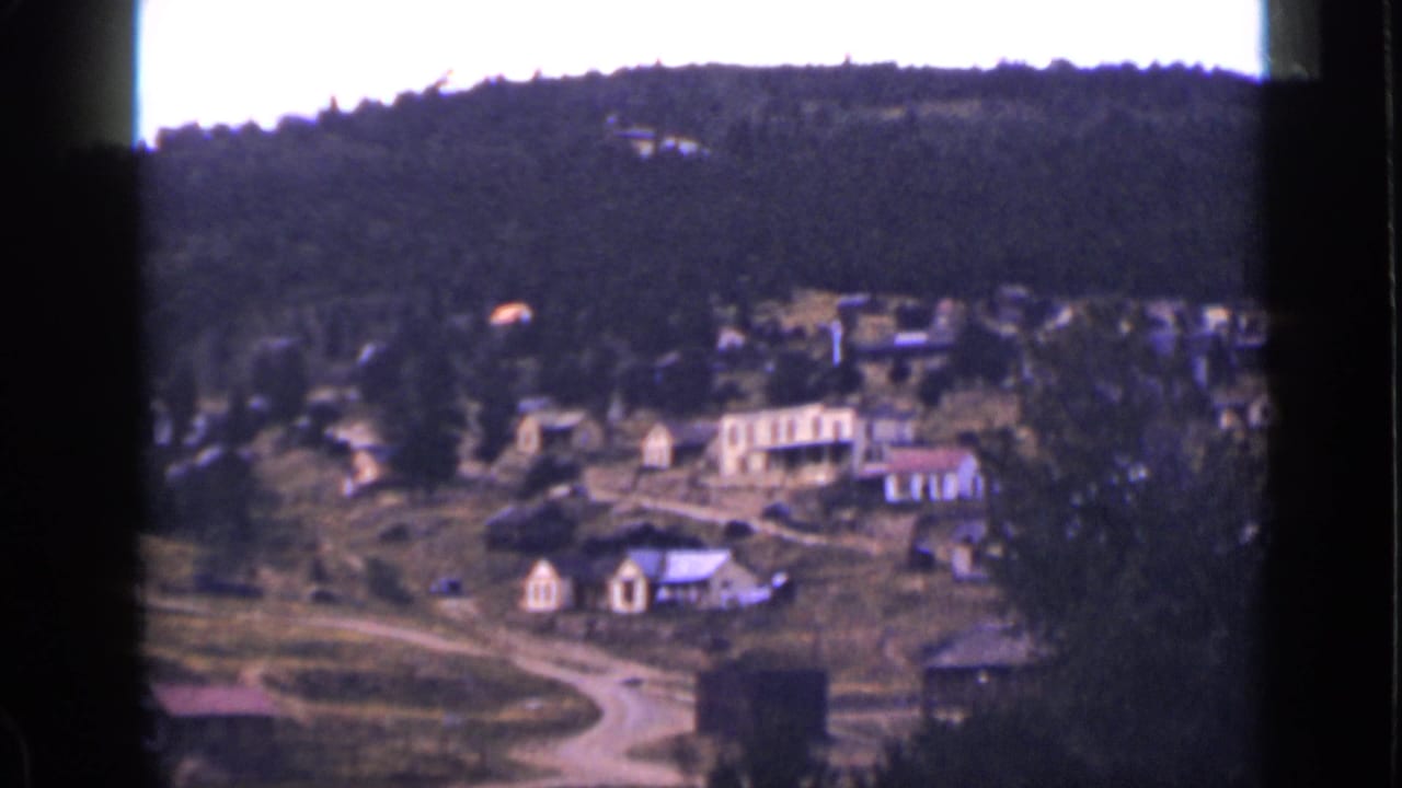 Elevated view of a small hillside village with dirt roads and forest beyond.
