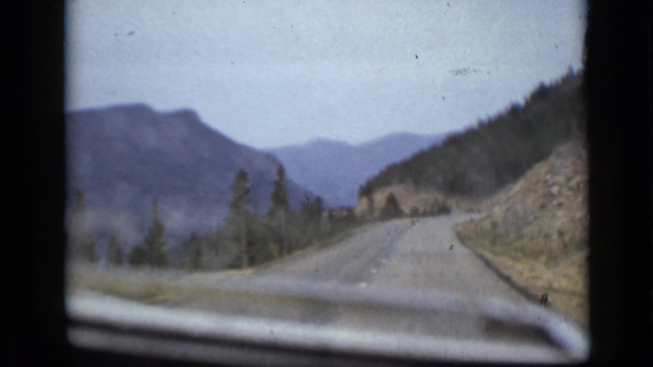 Mountain road seen through a moving car windshield with pine-covered slopes ahead.