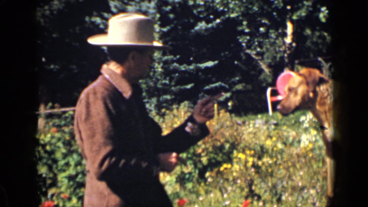 In Colorado 1939 home-movie footage, a man in a cowboy hat gestures toward a red dog near trees and flowers.