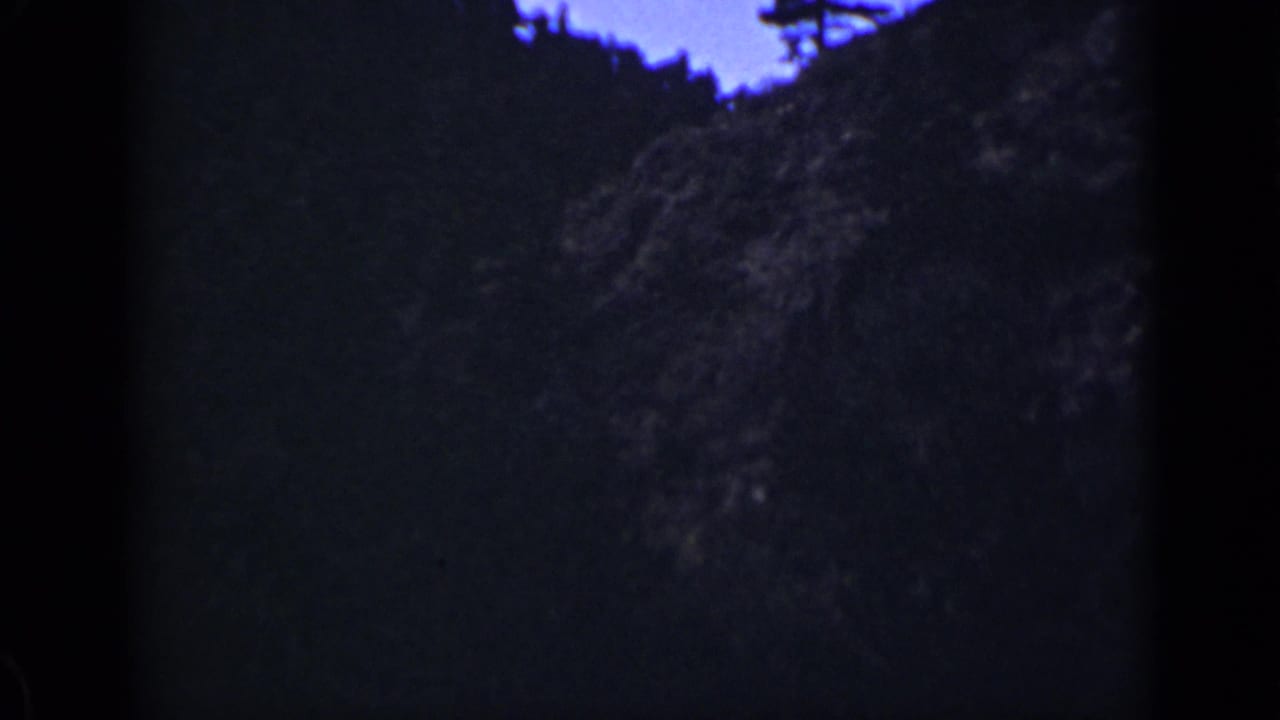 Dark wooded slope with bright sky at the top and heavy film-frame shadows.