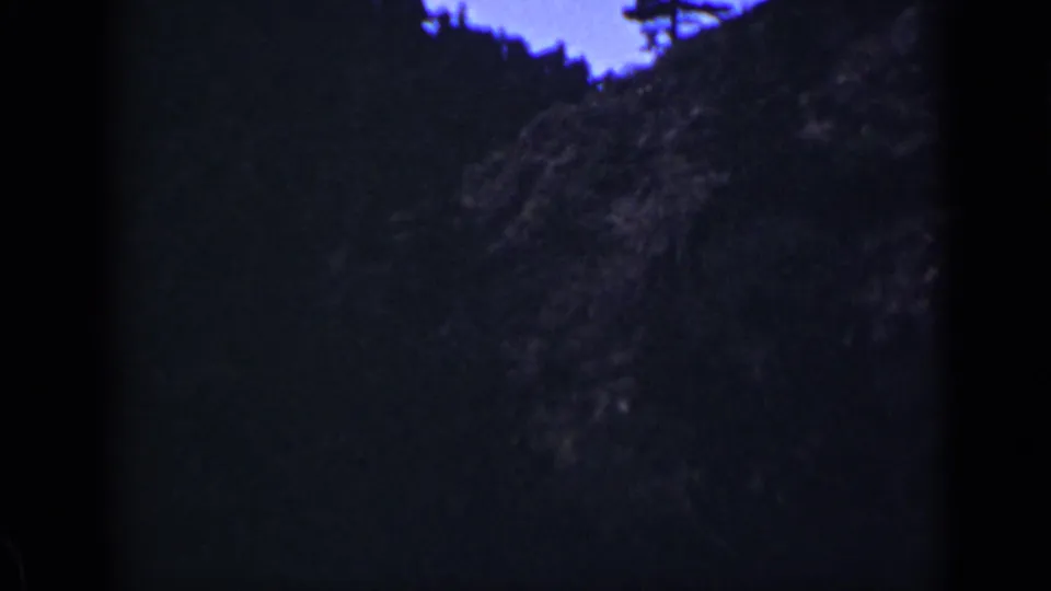 1939 Colorado 8mm frame showing a dark forested hillside with patches of bright sky and heavy shadow from the film scan.