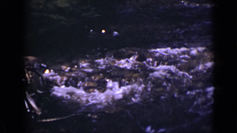 1939 Colorado 8mm frame of a rocky forest stream with white ripples and dark tree shadows.