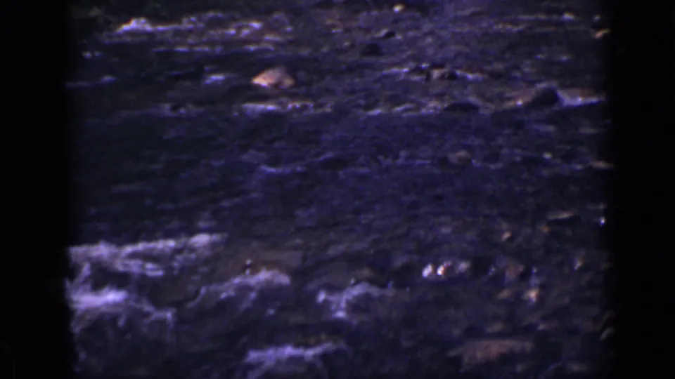 1939 Colorado 8mm frame of a shallow rocky stream flowing through a shaded wooded area.