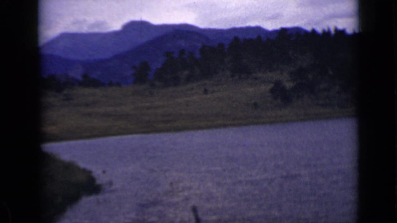 River or reservoir beside grassy banks with trees and distant mountains.