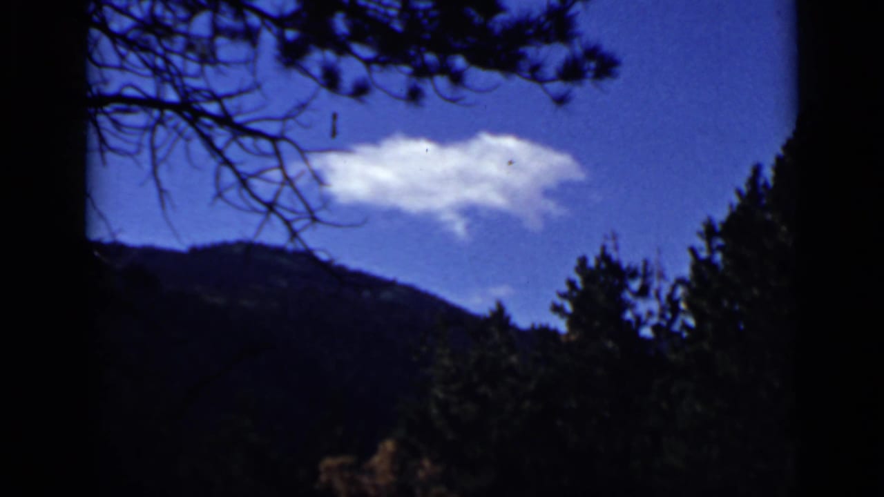 Evergreen trees and a dark mountain ridge beneath a blue sky with a small white cloud.