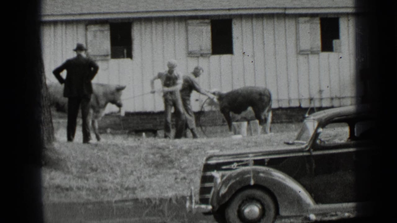 Men stand near cows outside a barn as a parked automobile crosses the lower frame.