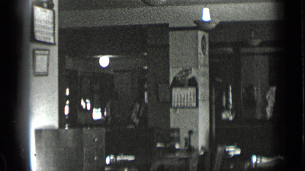Shop interior with counters, wall notices, lamps, and workroom partitions.