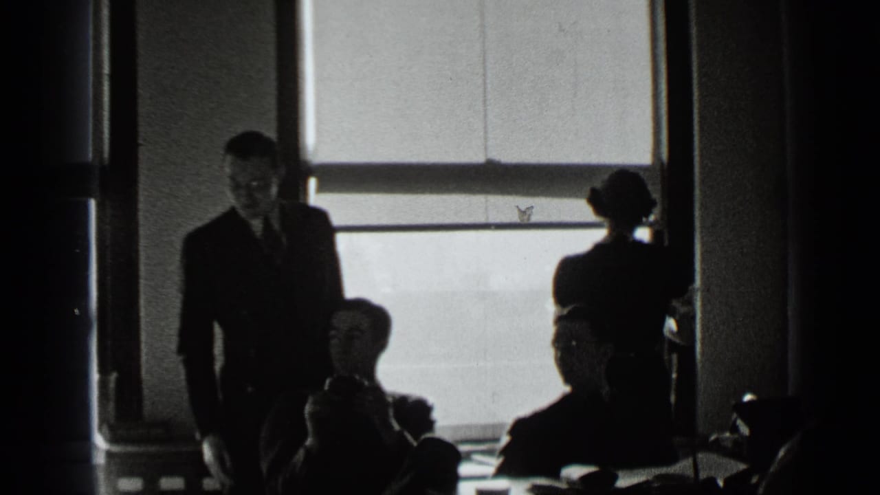 Silhouetted office workers seated and standing near large bright windows.